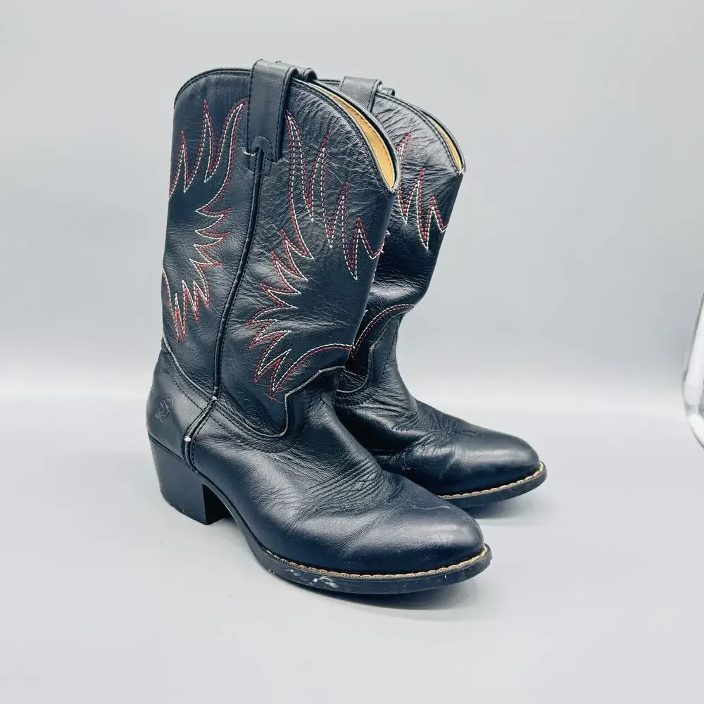 Durango Boots Boys 2.5Y Black Leather Western Cowboy Mid Calf Block Heel Shoes